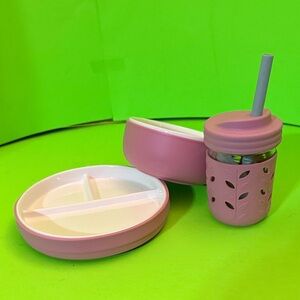 Elk pink ceramic plate bowl and sippy cup